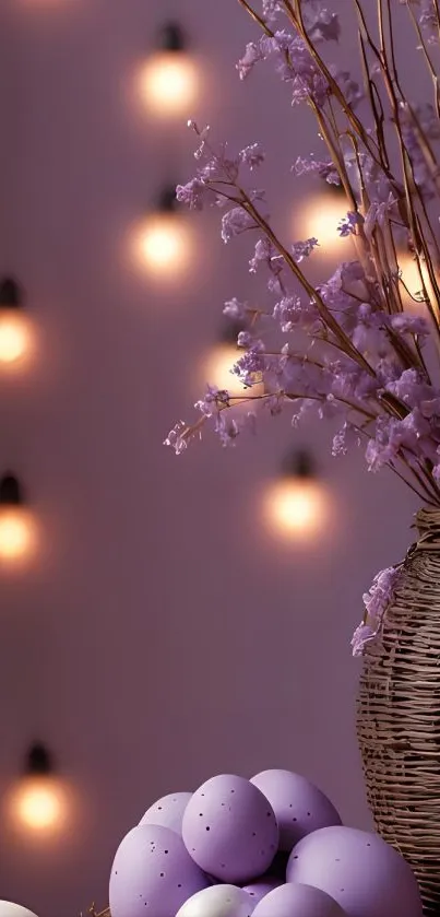 Serene purple floral arrangement with ambient lighting and decor.