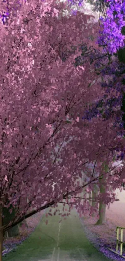 Beautiful path through a purple forest with lush trees.