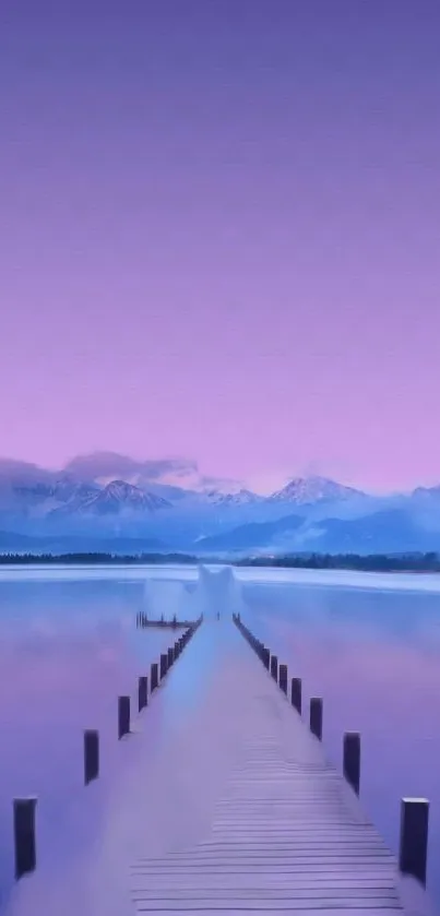 Serene purple lake with mountains and pier.