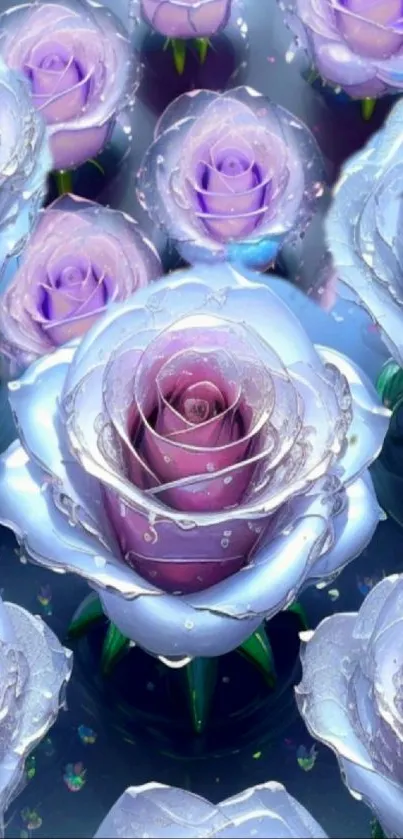 Serene mobile wallpaper of purple roses with dew.