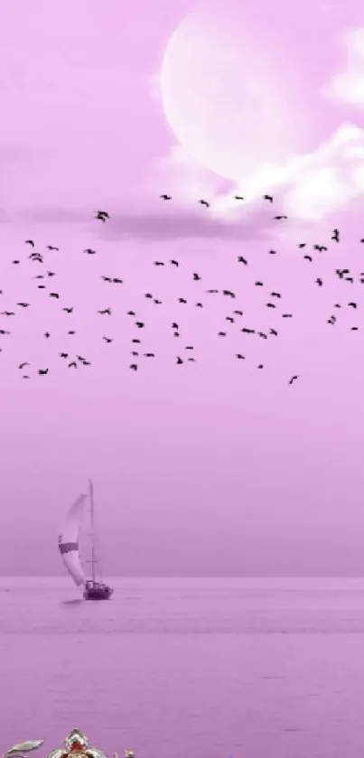 Sailing boat beneath moonlit purple sky with birds