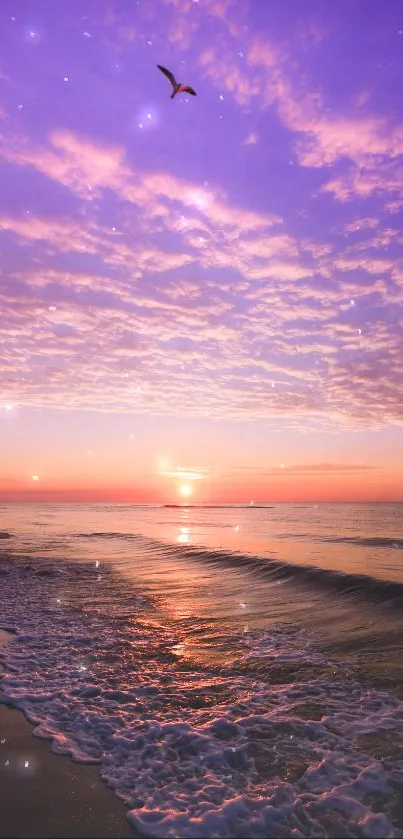 Purple sunset over ocean with bird and waves.