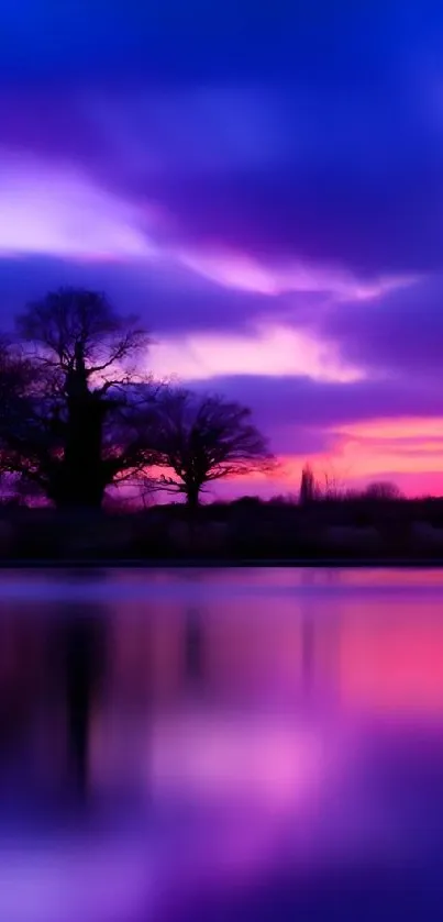 Tranquil purple sunset with tree silhouettes and water reflection.