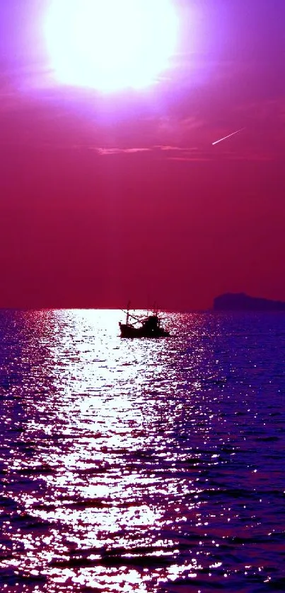 Purple sunset over ocean with silhouetted boat and serene sky.