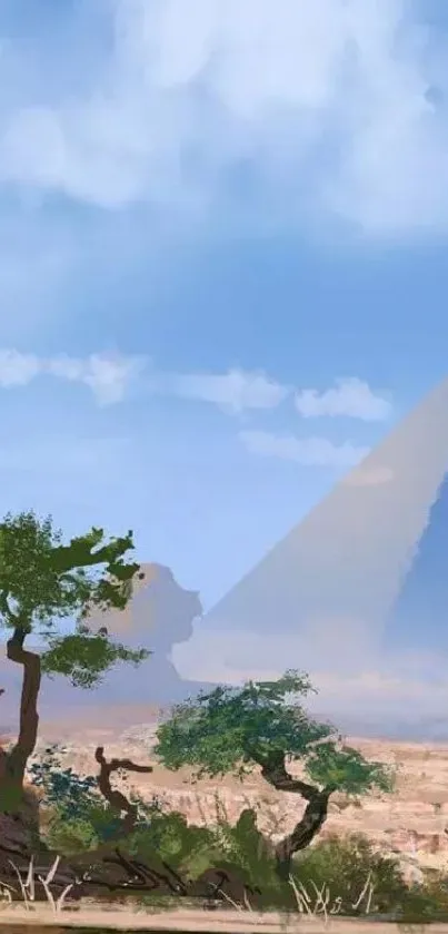 Serene landscape with pyramids under a blue sky, featuring trees and desert sands.