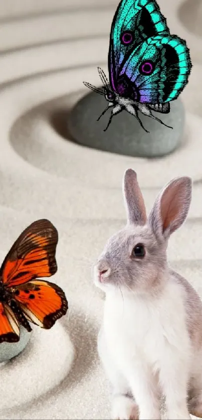 Serene wallpaper with rabbit and butterflies in a zen garden.