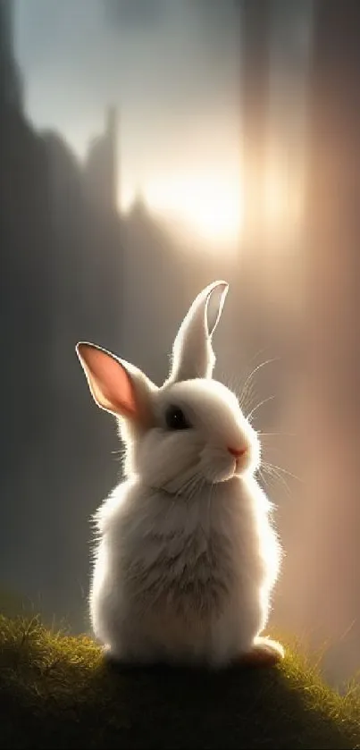 Adorable rabbit sitting in a misty forest, bathed in golden light.