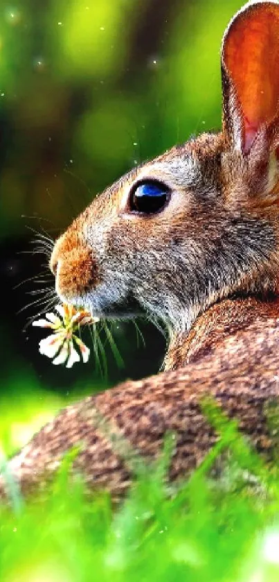 Serene rabbit relaxing in green grass.