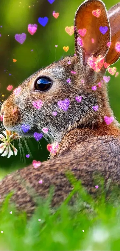 Rabbit in green field holding a small flower.