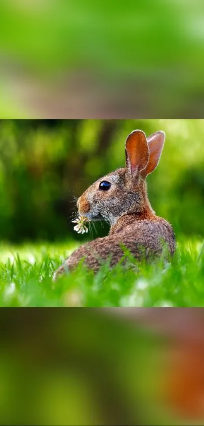 Rabbit in a lush green field with blurred background.