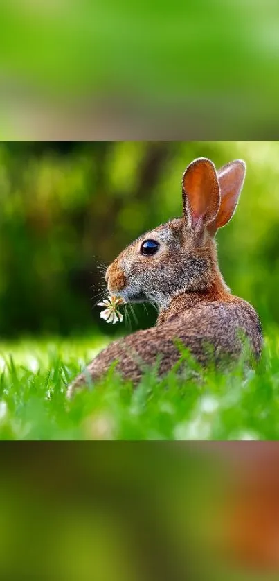 A rabbit in a grassy meadow holding a daisy blossom.