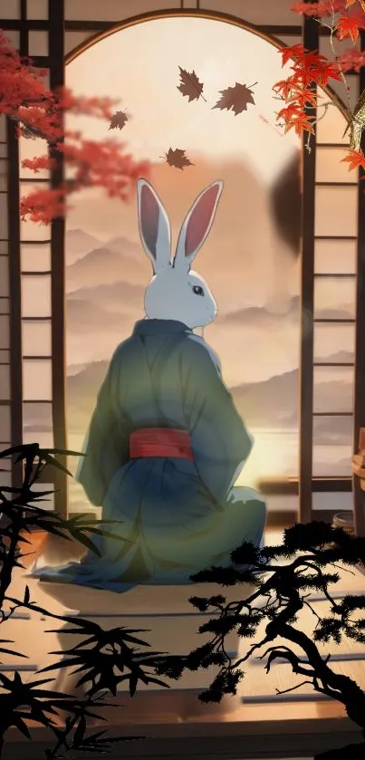 Rabbit in kimono gazing at scenic Japanese garden.