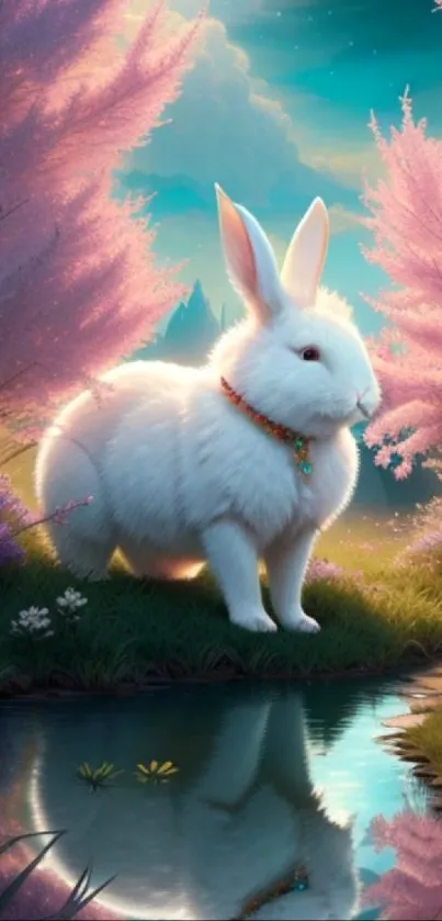 A serene white rabbit beside a pond with pink blossoms in a vivid landscape.