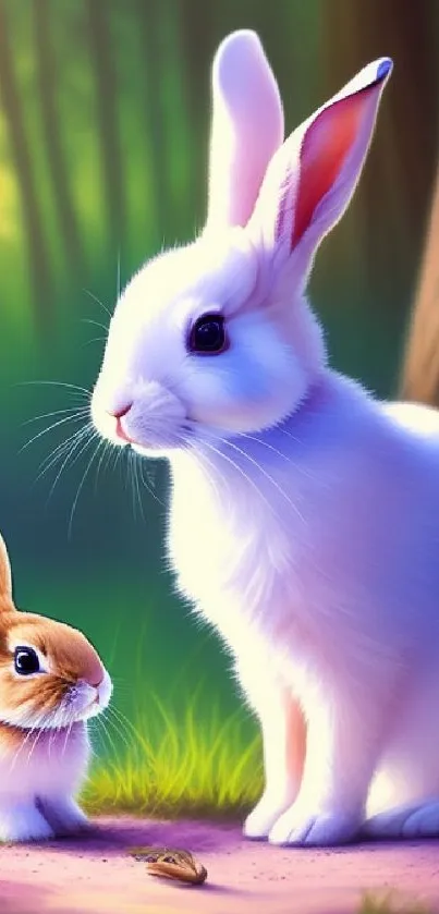 Two cute rabbits in a serene forest setting.