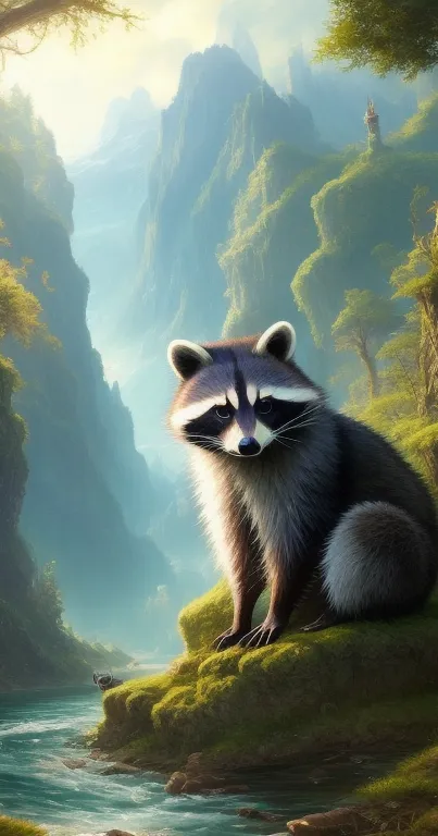 Raccoon sitting in a lush, green valley with mountains in the background.