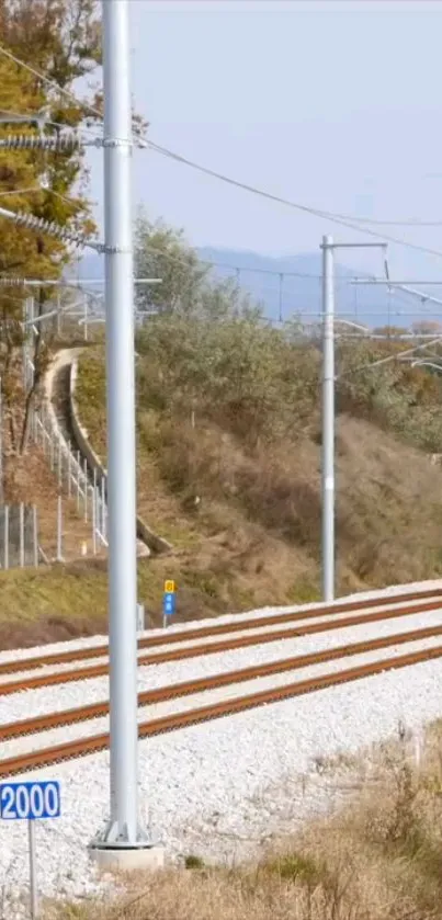 Scenic mobile wallpaper featuring a railway line with clear blue sky.