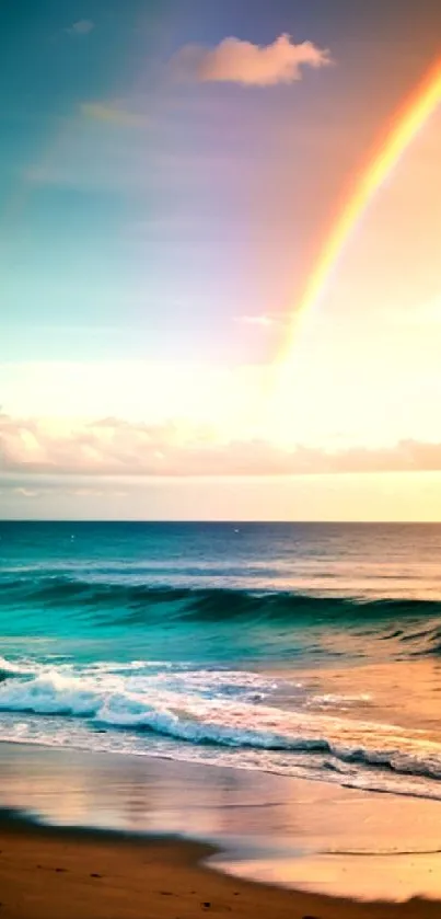 Serene beach wallpaper with rainbow and sunset.