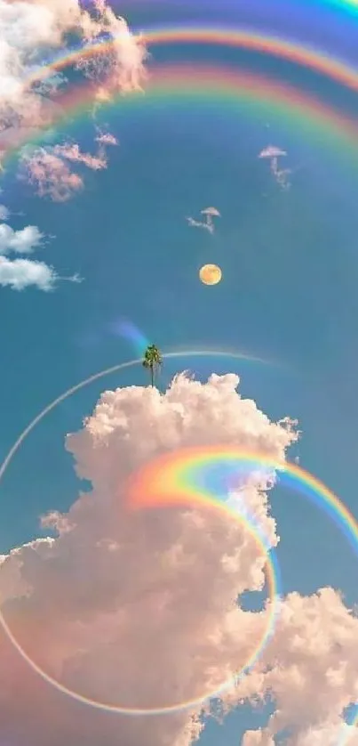 Vibrant rainbow circles on fluffy clouds under a serene sky.