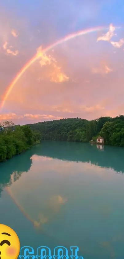 Rainbow over serene lake at sunset with emoji enhancement.