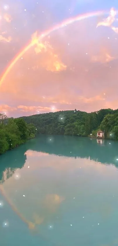 Rainbow over a tranquil lake with scenic landscape.