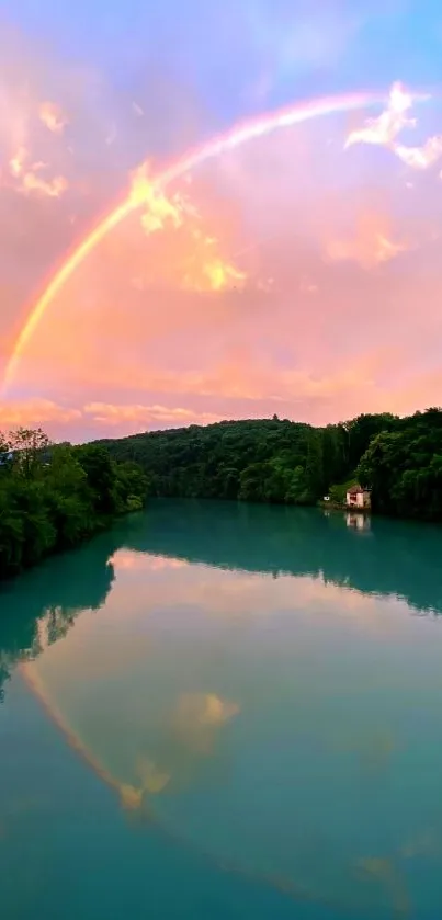 Rainbow reflecting over a tranquil lake.