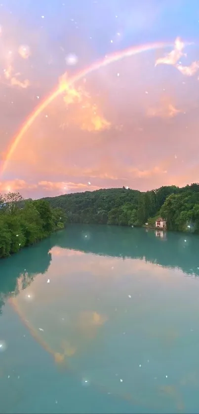 Rainbow over tranquil lake with reflection.