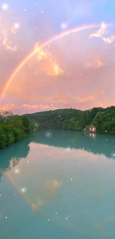 Colorful rainbow arches over tranquil lake with lush green surroundings.