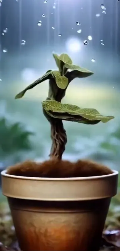 Potted plant under rainfall with green leaves and serene background.