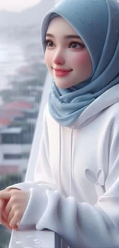 Anime-inspired character in hijab thoughtfully gazing during a rainy day.