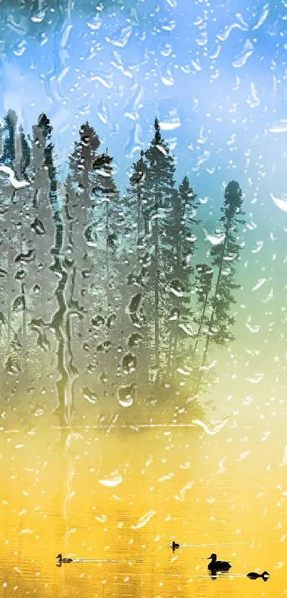 Tranquil rainforest scene with rain and reflections.