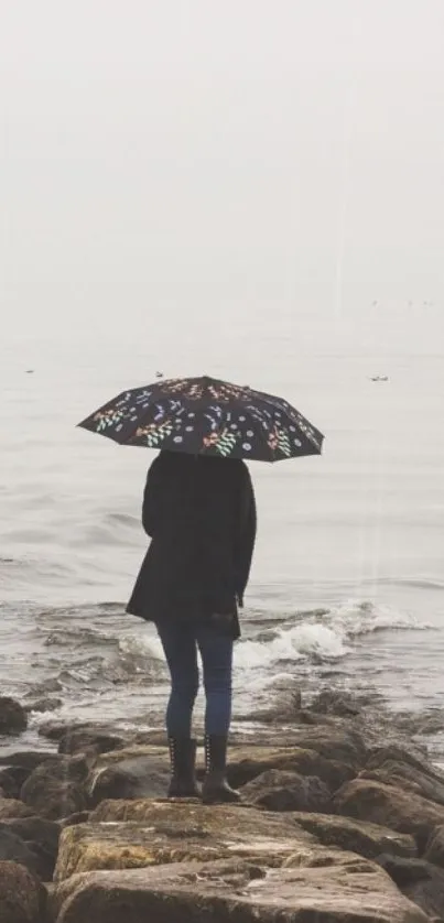 Person with umbrella on rocky shore in rainy weather.