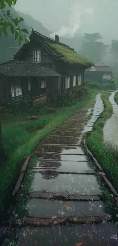 Rainy cottage pathway in lush green landscape.