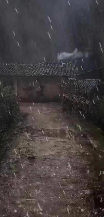 Rainy pathway leading to rustic cottage, surrounded by nature.