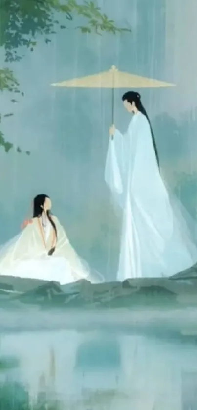 Artistic scene featuring figures under an umbrella in a tranquil landscape.