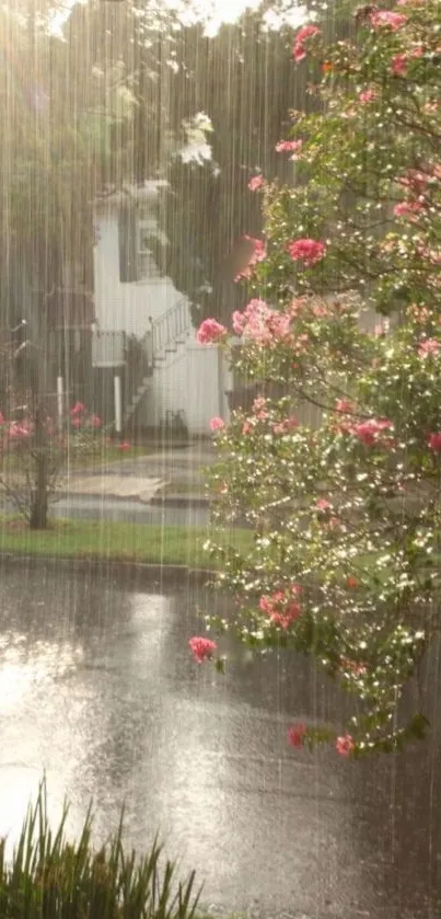 Serene landscape with flowers in rain.