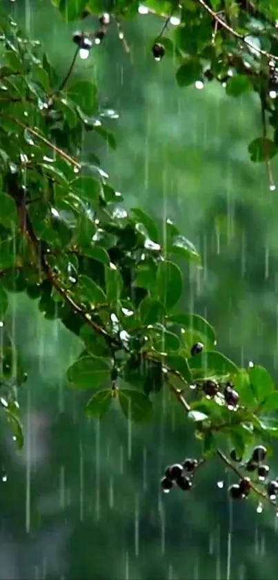 Green leaves with raindrops falling down.