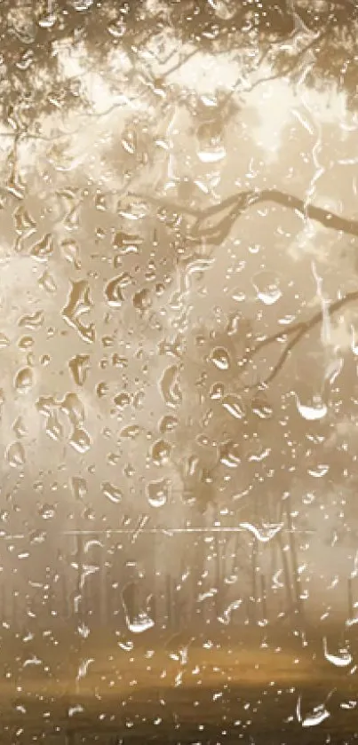 Rain droplets on a window with a serene background.