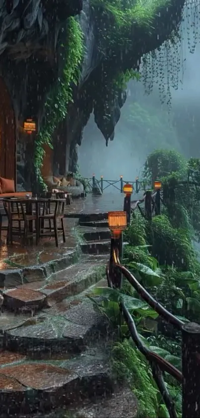Rainy forest haven with cozy seating area and lush greenery.