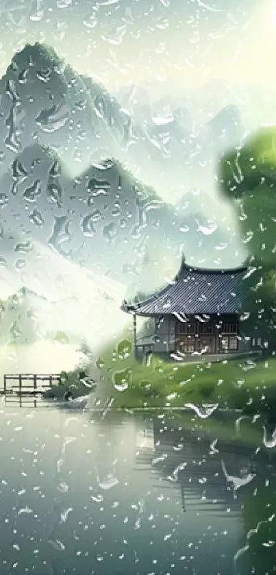 Serene mountain landscape with raindrops on window.