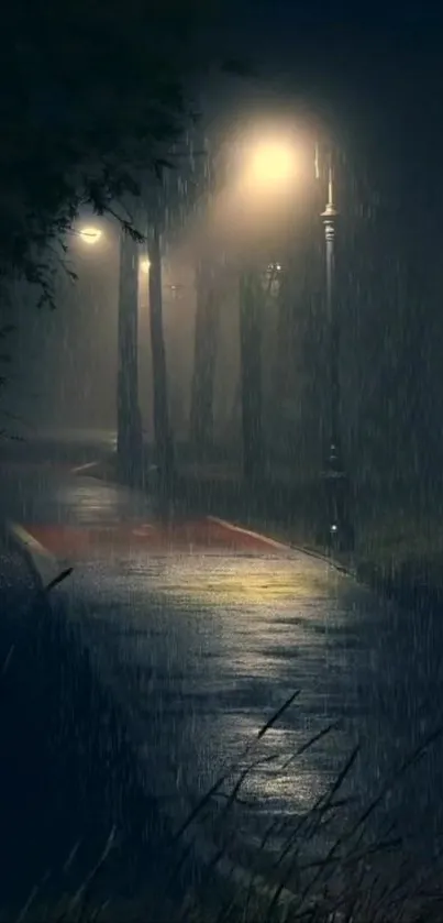 Dimly lit rainy park path at night with glowing streetlights.