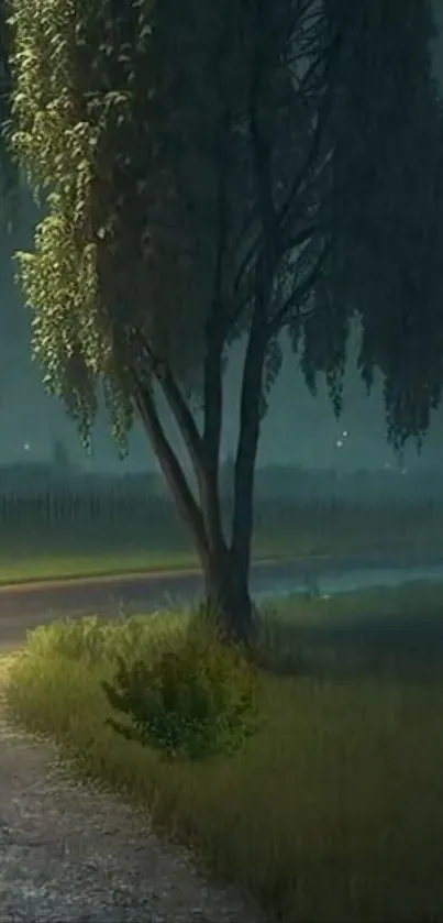 Tranquil rainy night with a tree by a dim road.