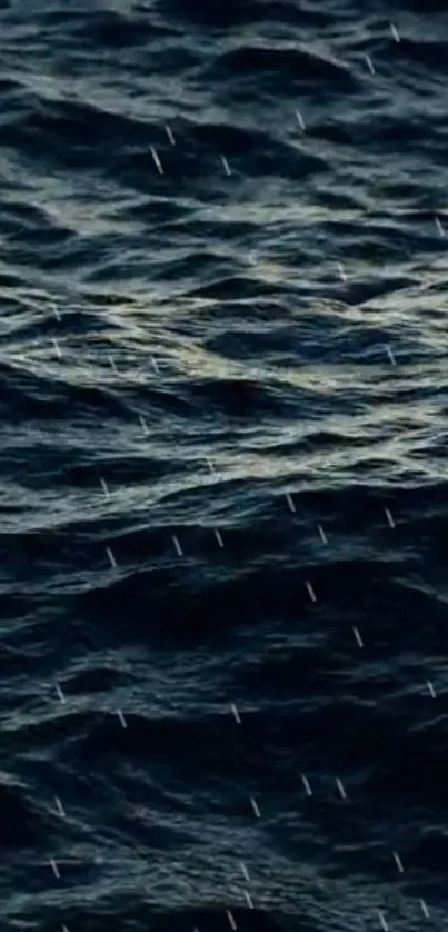 Serene ocean waves with rain drops on a dark blue background.