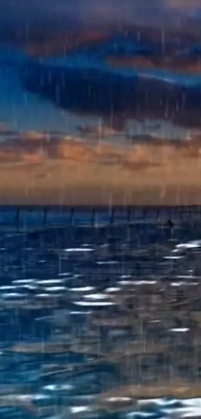 Beautiful rainy ocean scene with dramatic sky and serene water reflections.