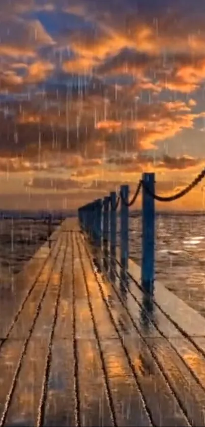 Peaceful view of pier during sunset rain.