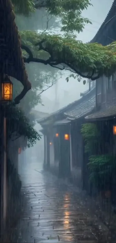 Rain-soaked Japanese street with lanterns.