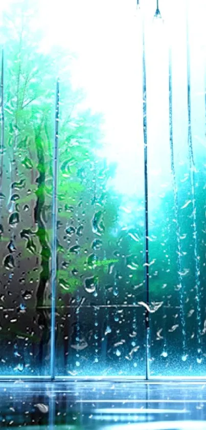 Rain streaming down a window with lush green trees in the background.