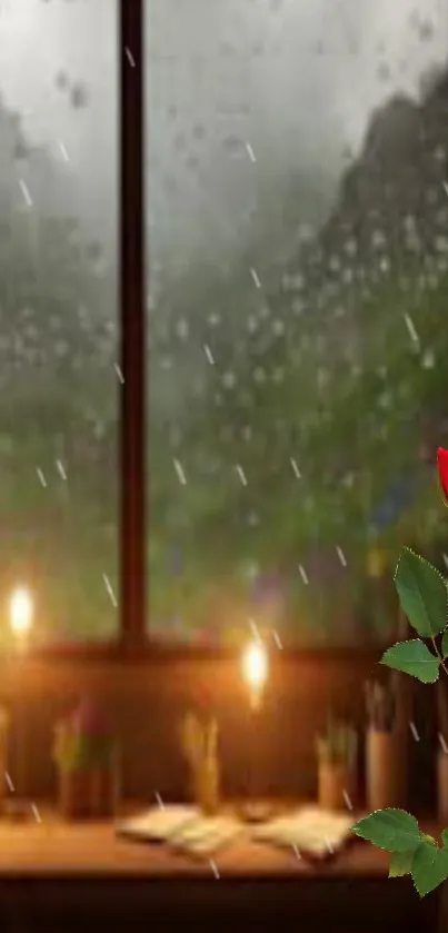 Rainy window with red rose and glowing candles, serene ambiance.