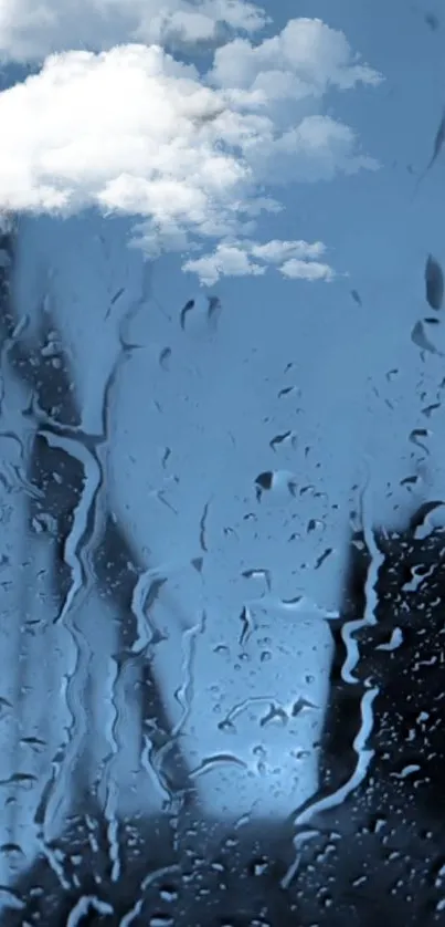 Raindrops on window with blue sky and clouds in serene wallpaper.