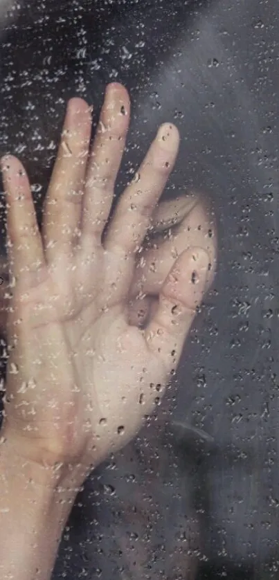 Hand on rainy glass window with raindrops and reflections.