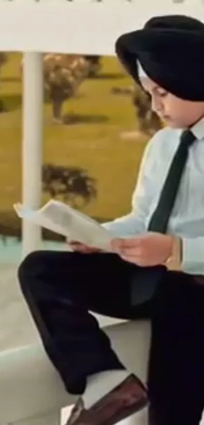 Boy reading outdoors in a peaceful setting.